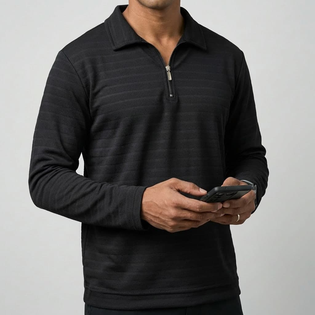 Black Full-Sleeve Zipper T-Shirt for Men