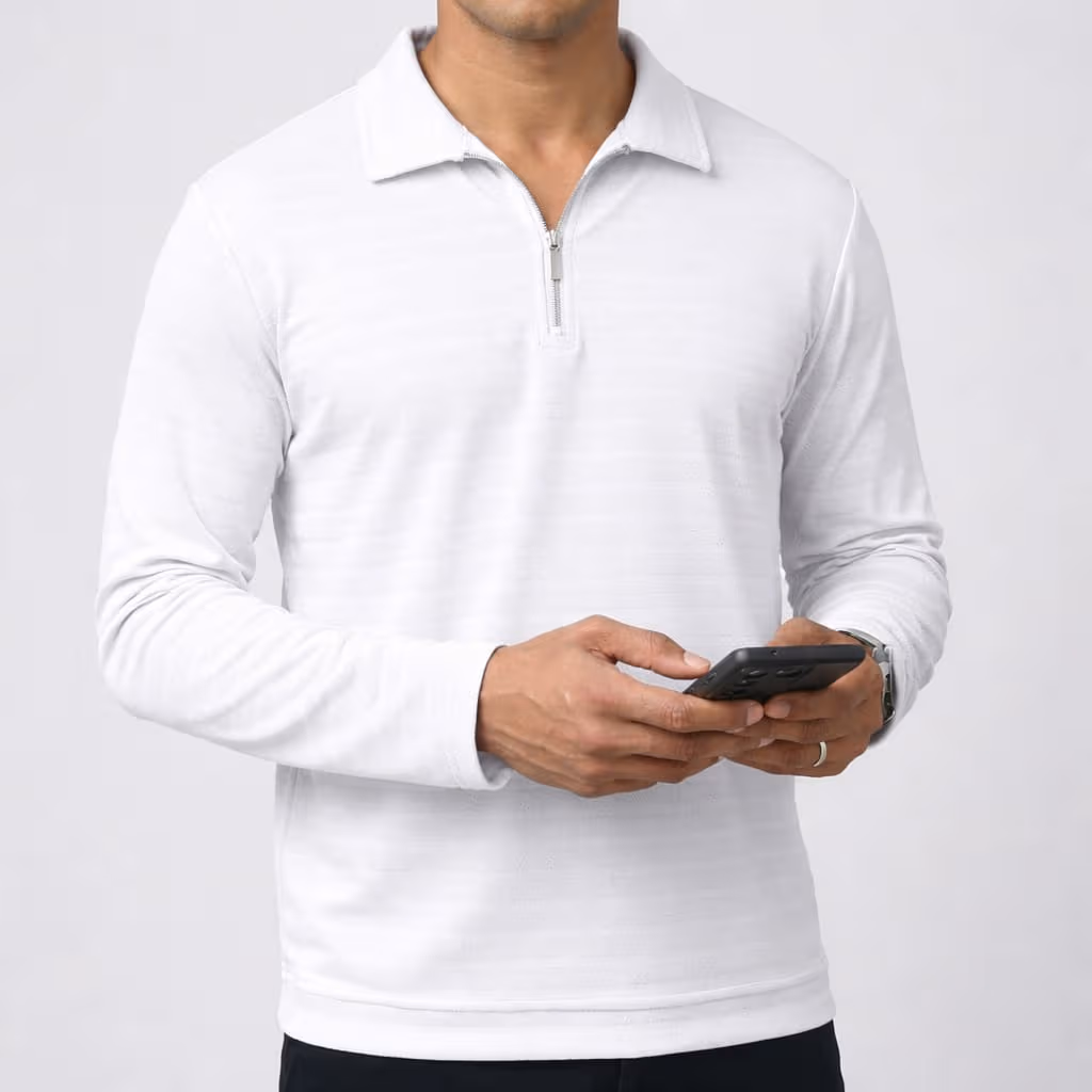 White Full-Sleeve Zipper T-Shirt for Men